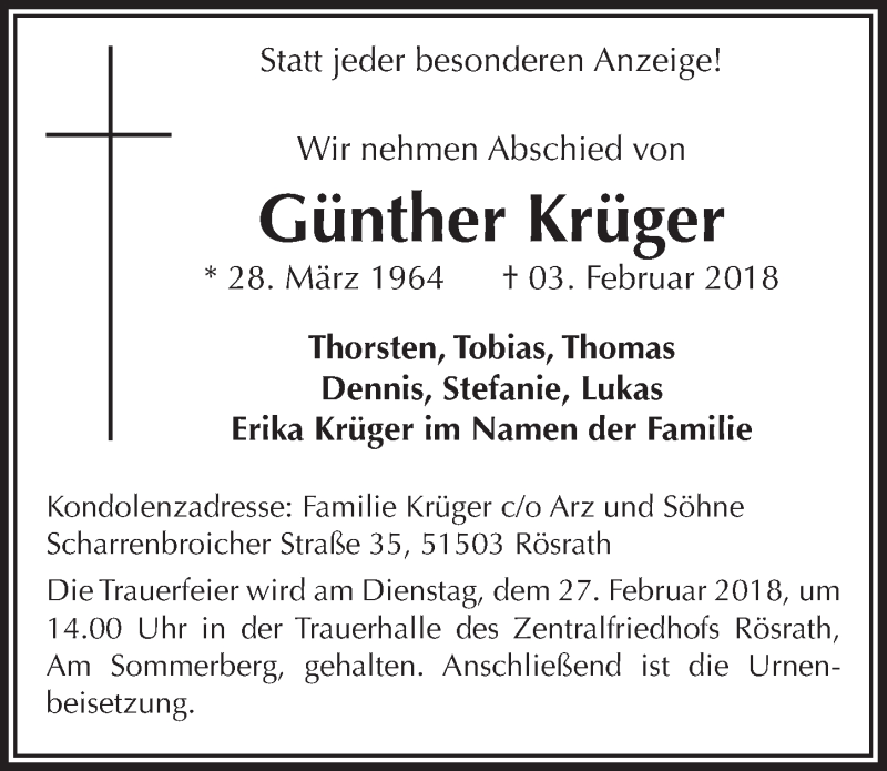  Traueranzeige für Günther Krüger vom 21.02.2018 aus  Bergisches Handelsblatt 