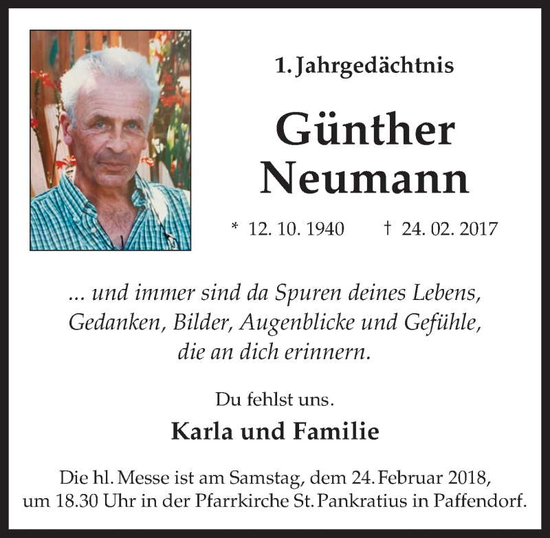  Traueranzeige für Günther Neumann vom 21.02.2018 aus  Werbepost 