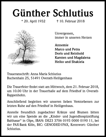 Anzeige von Günther Schlutius von Kölner Stadt-Anzeiger / Kölnische Rundschau / Express