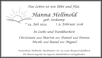 Anzeige von Hanna Hellmold von  Bergisches Handelsblatt 