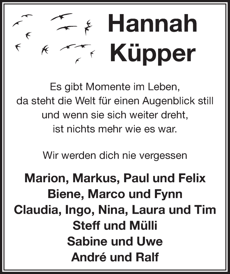  Traueranzeige für Hannah Küpper vom 14.02.2018 aus  Anzeigen Echo  Lokalanzeiger 