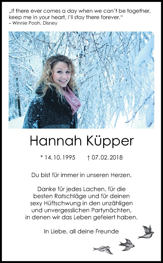  Traueranzeige für Hannah Küpper vom 16.02.2018 aus Kölner Stadt-Anzeiger / Kölnische Rundschau / Express