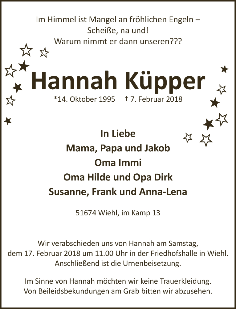  Traueranzeige für Hannah Küpper vom 14.02.2018 aus  Anzeigen Echo  Lokalanzeiger 