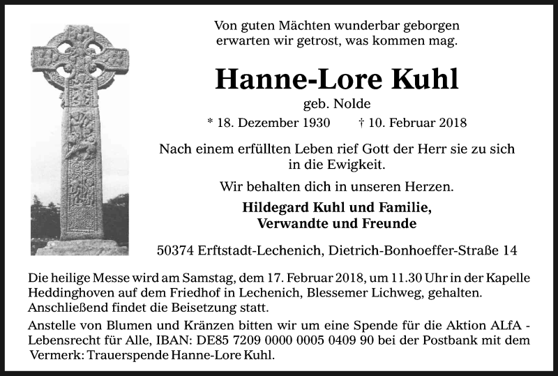  Traueranzeige für Hanne-Lore Kuhl vom 14.02.2018 aus Kölner Stadt-Anzeiger / Kölnische Rundschau / Express