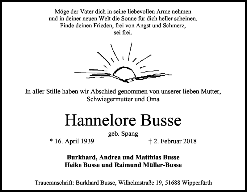  Traueranzeige für Hannelore Busse vom 21.02.2018 aus Kölner Stadt-Anzeiger / Kölnische Rundschau / Express