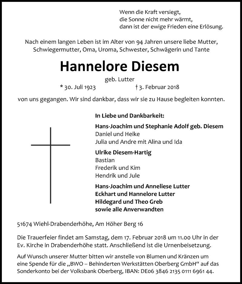  Traueranzeige für Hannelore Diesem vom 10.02.2018 aus Kölner Stadt-Anzeiger / Kölnische Rundschau / Express