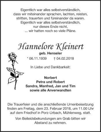 Anzeige von Hannelore Kleinert von  Kölner Wochenspiegel 