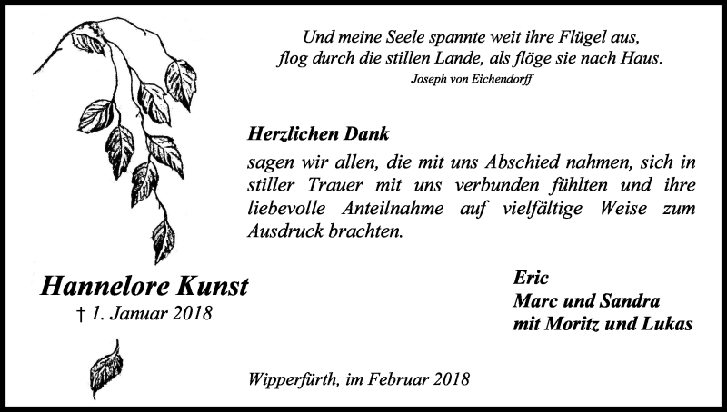  Traueranzeige für Hannelore Kunst vom 17.02.2018 aus Kölner Stadt-Anzeiger / Kölnische Rundschau / Express