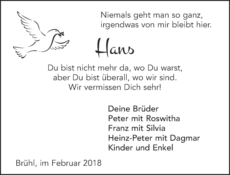  Traueranzeige für Hans  vom 07.02.2018 aus  Schlossbote/Werbekurier 
