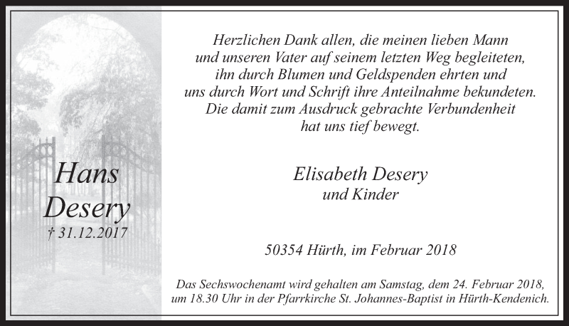  Traueranzeige für Hans Desery vom 14.02.2018 aus  Wochenende 