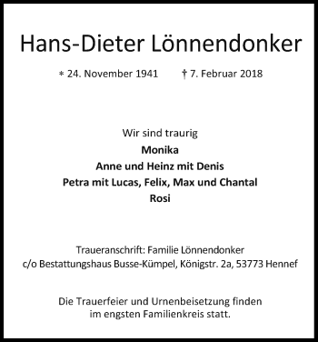 Anzeige von Hans-Dieter Lönnendonker von Kölner Stadt-Anzeiger / Kölnische Rundschau / Express