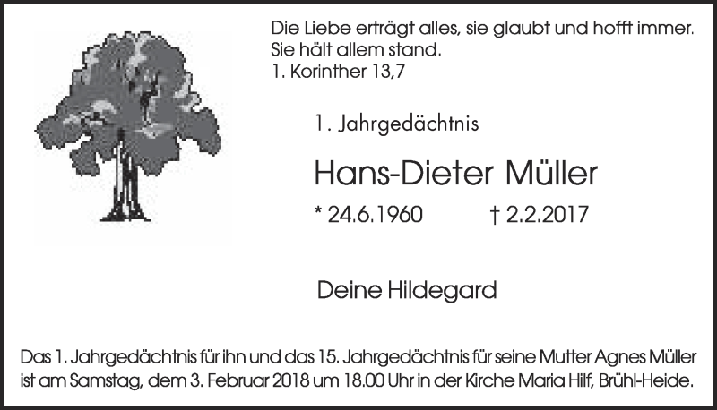  Traueranzeige für Hans-Dieter Müller vom 31.01.2018 aus  Schlossbote/Werbekurier 