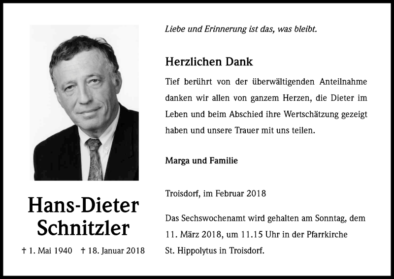  Traueranzeige für Hans-Dieter Schnitzler vom 24.02.2018 aus Kölner Stadt-Anzeiger / Kölnische Rundschau / Express
