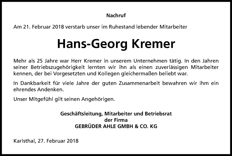  Traueranzeige für Hans-Georg + Magdalene Kremer vom 01.03.2018 aus Kölner Stadt-Anzeiger / Kölnische Rundschau / Express