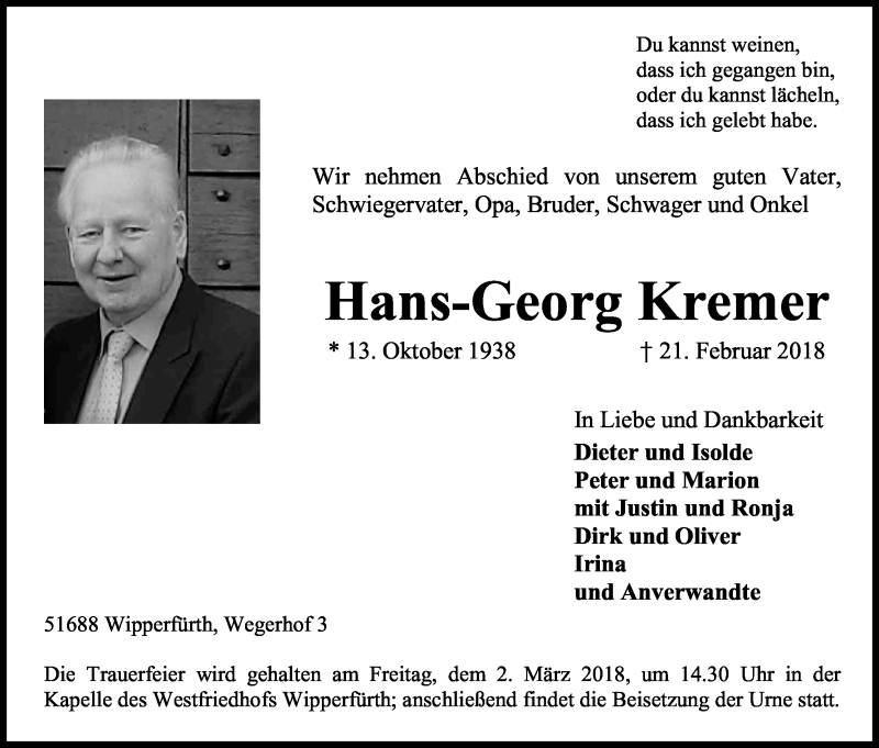  Traueranzeige für Hans-Georg + Magdalene Kremer vom 24.02.2018 aus Kölner Stadt-Anzeiger / Kölnische Rundschau / Express