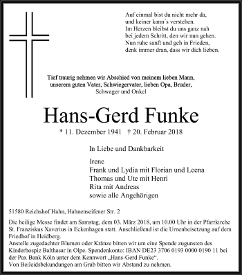 Anzeige von Hans-Gerd Funke von Kölner Stadt-Anzeiger / Kölnische Rundschau / Express