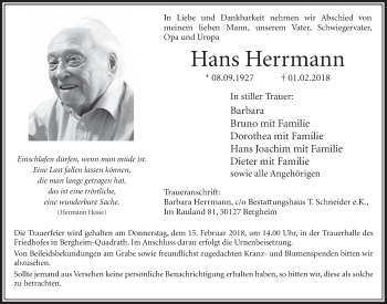 Anzeige von Hans Herrmann von  Sonntags-Post 