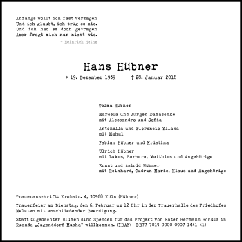 Anzeige von Hans Hübner von Kölner Stadt-Anzeiger / Kölnische Rundschau / Express