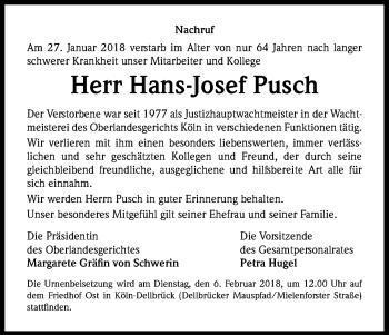 Anzeige von Hans-Josef Pusch von Kölner Stadt-Anzeiger / Kölnische Rundschau / Express