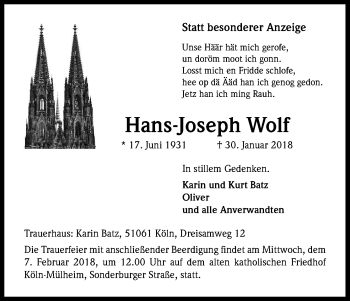 Anzeige von Hans-Joseph Wolf von Kölner Stadt-Anzeiger / Kölnische Rundschau / Express