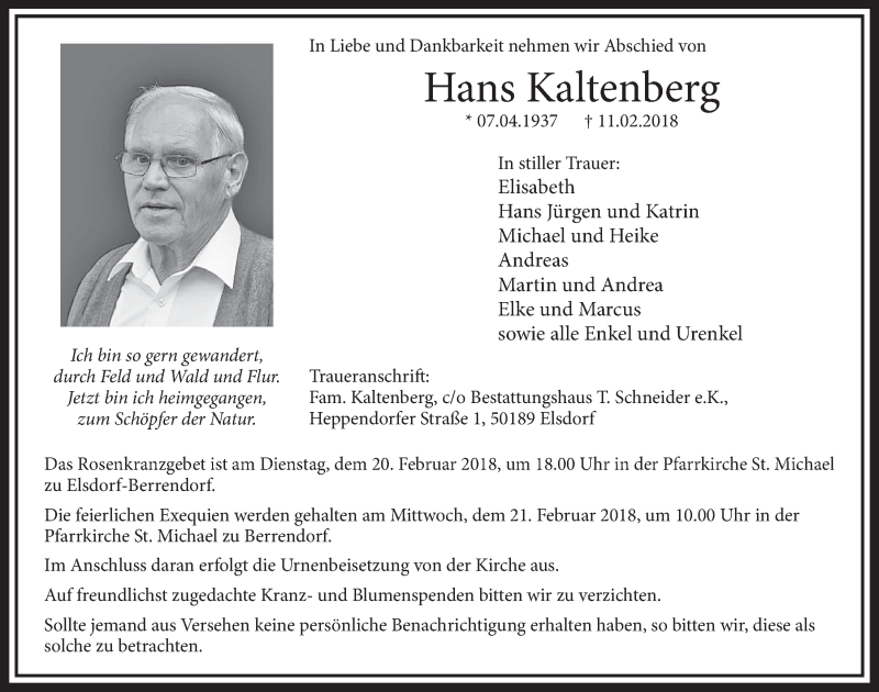  Traueranzeige für Hans Kaltenberg vom 17.02.2018 aus  Sonntags-Post 
