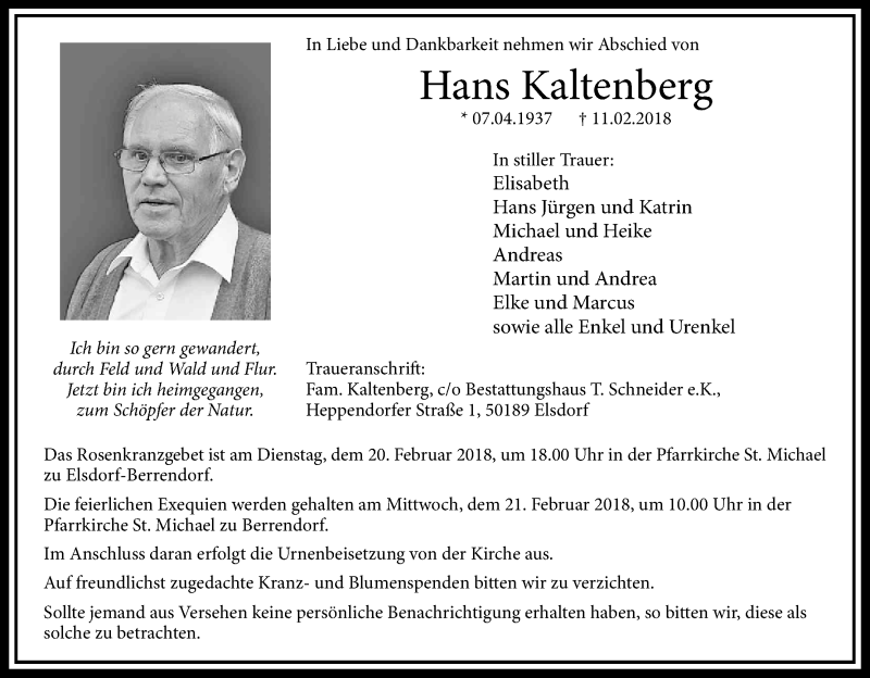  Traueranzeige für Hans Kaltenberg vom 17.02.2018 aus Kölner Stadt-Anzeiger / Kölnische Rundschau / Express