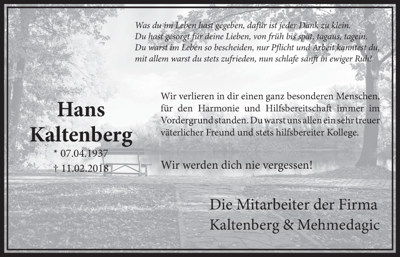  Traueranzeige für Hans Kaltenberg vom 17.02.2018 aus  Sonntags-Post 