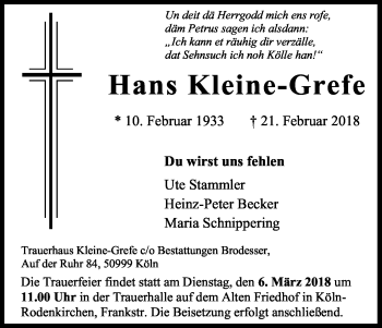 Anzeige von Hans Kleine-Grefe von Kölner Stadt-Anzeiger / Kölnische Rundschau / Express