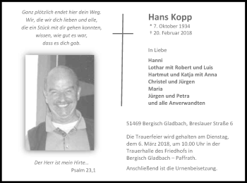 Anzeige von Hans Kopp von Kölner Stadt-Anzeiger / Kölnische Rundschau / Express