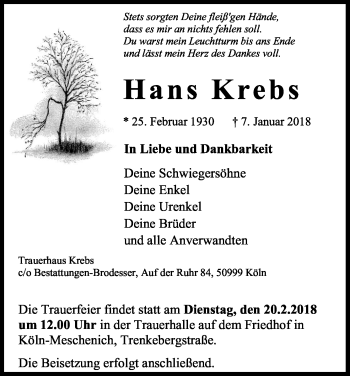 Anzeige von Hans Krebs von Kölner Stadt-Anzeiger / Kölnische Rundschau / Express
