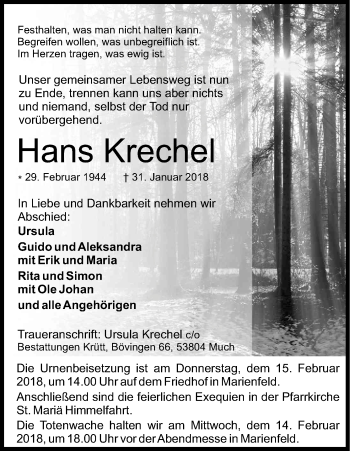 Anzeige von Hans Krechel von Kölner Stadt-Anzeiger / Kölnische Rundschau / Express