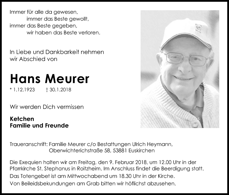  Traueranzeige für Hans Meurer vom 03.02.2018 aus Kölner Stadt-Anzeiger / Kölnische Rundschau / Express