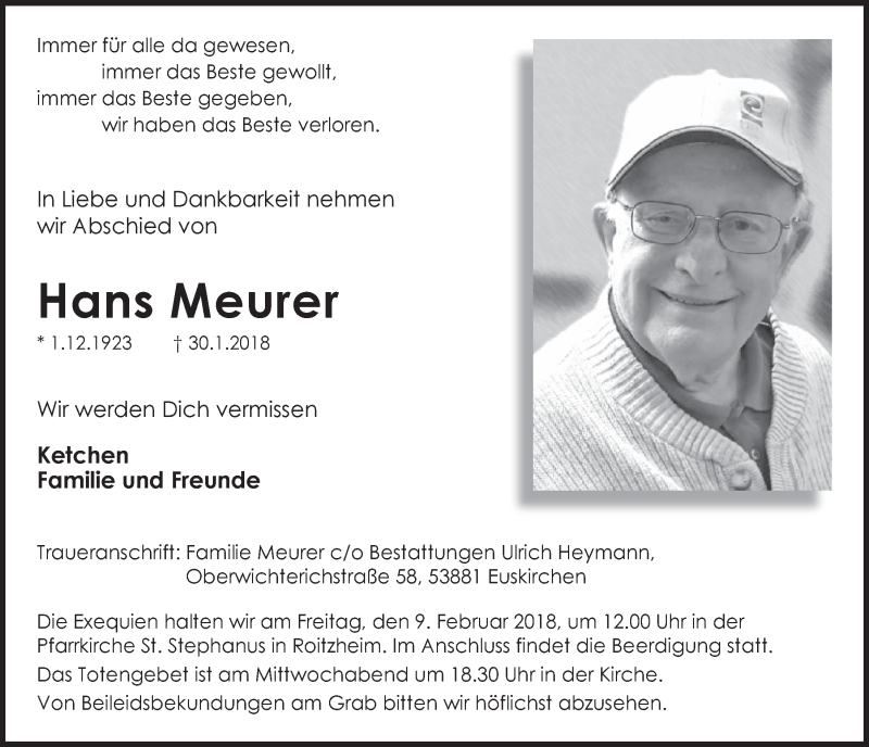  Traueranzeige für Hans Meurer vom 03.02.2018 aus  Blickpunkt Euskirchen 