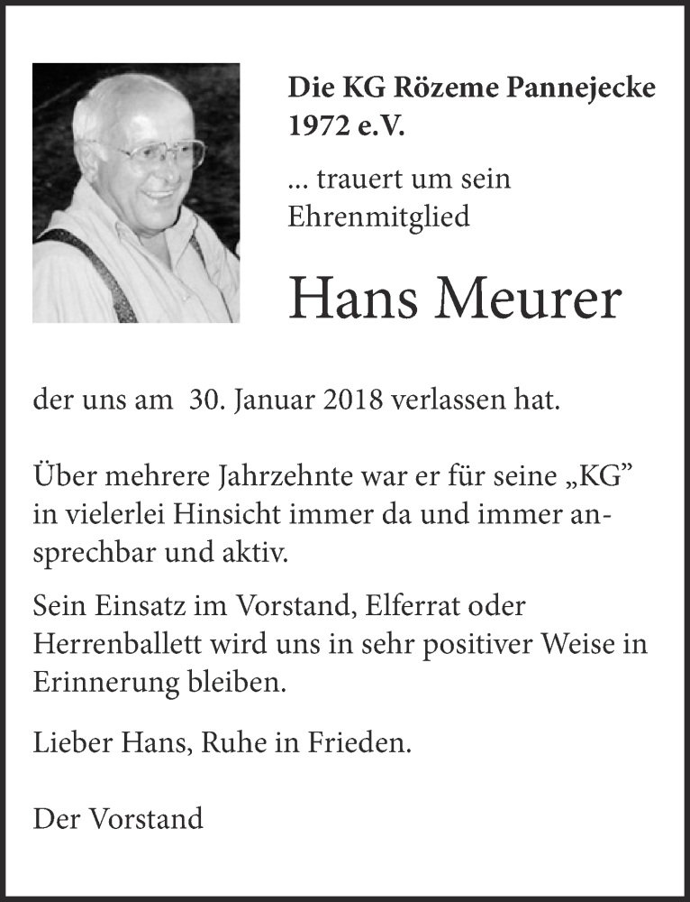  Traueranzeige für Hans Meurer vom 10.02.2018 aus  Blickpunkt Euskirchen 