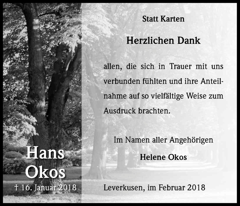  Traueranzeige für Hans Okos vom 24.02.2018 aus Kölner Stadt-Anzeiger / Kölnische Rundschau / Express