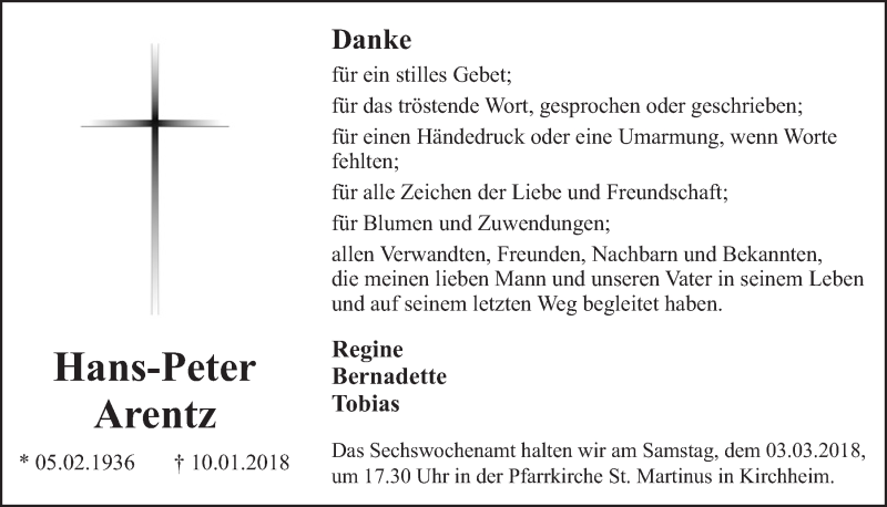  Traueranzeige für Hans-Peter Arentz vom 24.02.2018 aus  Blickpunkt Euskirchen 