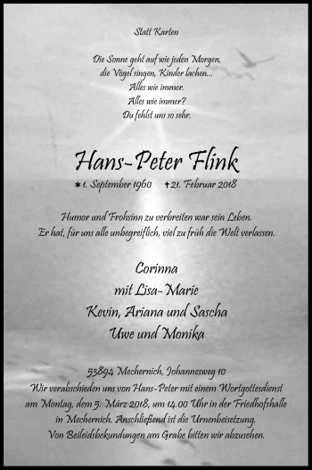 Anzeige von Hans-Peter Flink von Kölner Stadt-Anzeiger / Kölnische Rundschau / Express