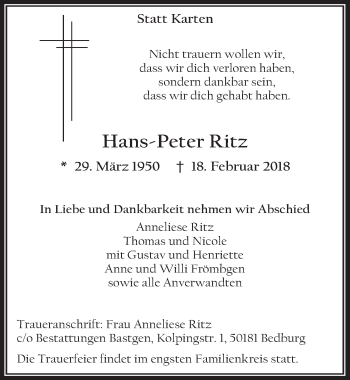 Anzeige von Hans-Peter Ritz von  Werbepost 