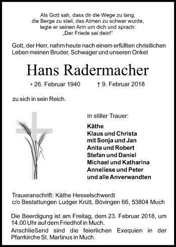 Anzeige von Hans Radermacher von Kölner Stadt-Anzeiger / Kölnische Rundschau / Express