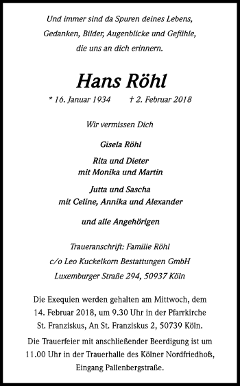 Anzeige von Hans Röhl von Kölner Stadt-Anzeiger / Kölnische Rundschau / Express