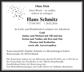 Anzeige von Hans Schmitz von  Wochenende 