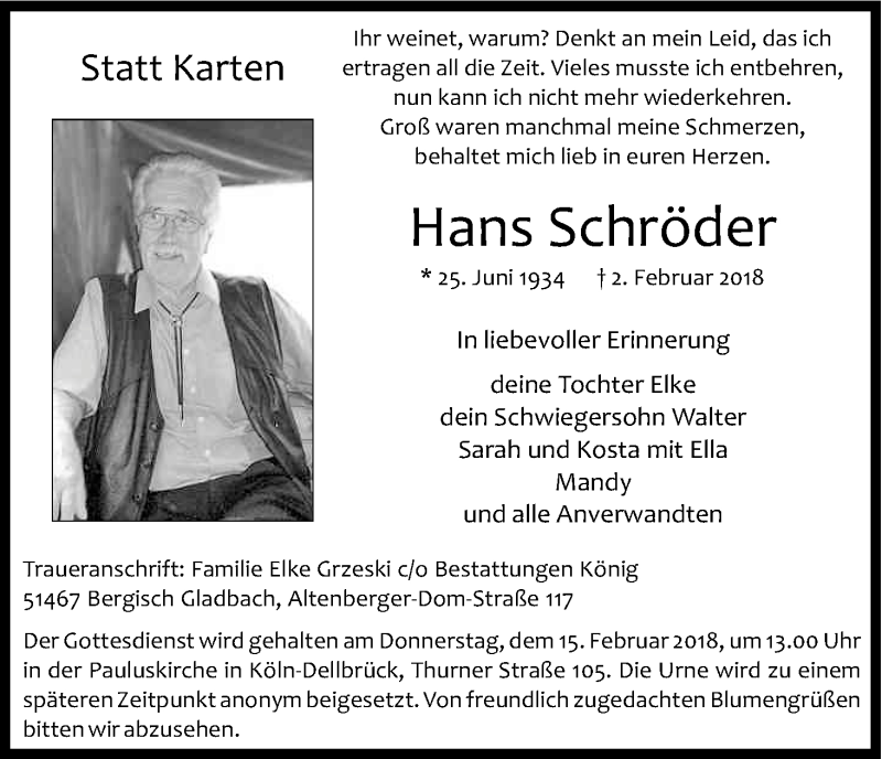  Traueranzeige für Hans Schröder vom 10.02.2018 aus Kölner Stadt-Anzeiger / Kölnische Rundschau / Express