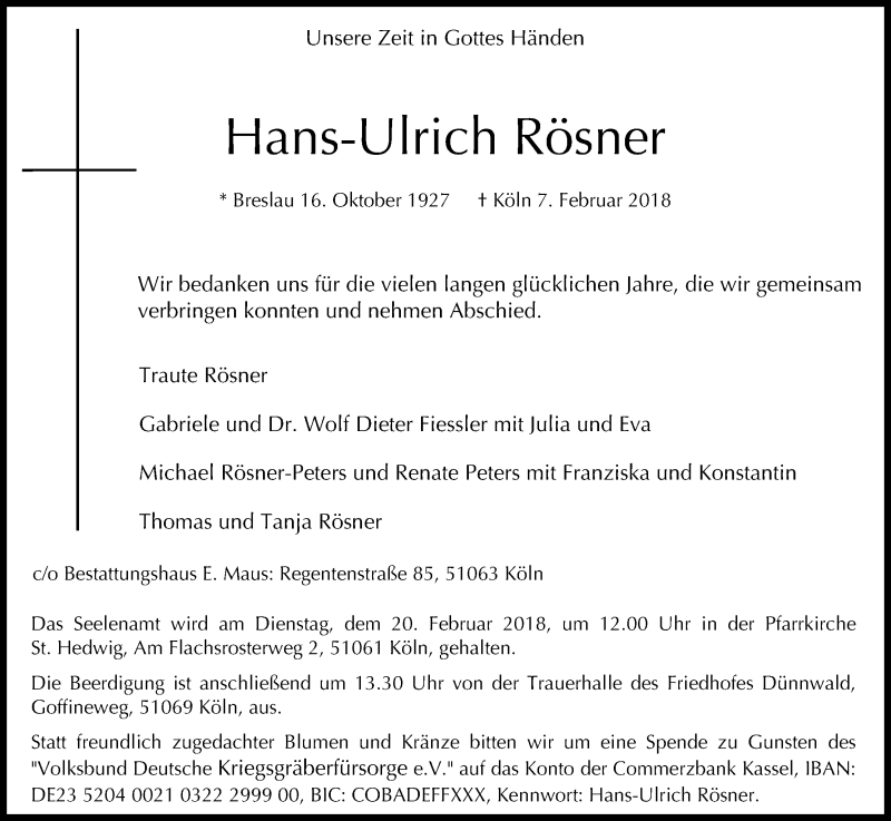  Traueranzeige für Hans-Ulrich Rösner vom 17.02.2018 aus Kölner Stadt-Anzeiger / Kölnische Rundschau / Express