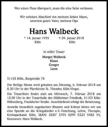 Anzeige von Hans Walbeck von Kölner Stadt-Anzeiger / Kölnische Rundschau / Express
