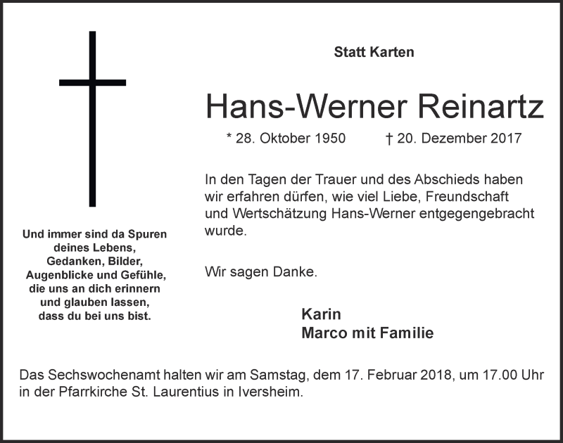 Traueranzeige für Hans-Werner Reinartz vom 10.02.2018 aus  Blickpunkt Euskirchen 