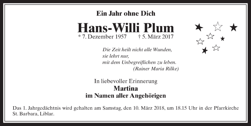  Traueranzeige für Hans-Willi Plum vom 28.02.2018 aus  Wochenende  Werbepost 