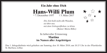 Anzeige von Hans-Willi Plum von  Wochenende  Werbepost 