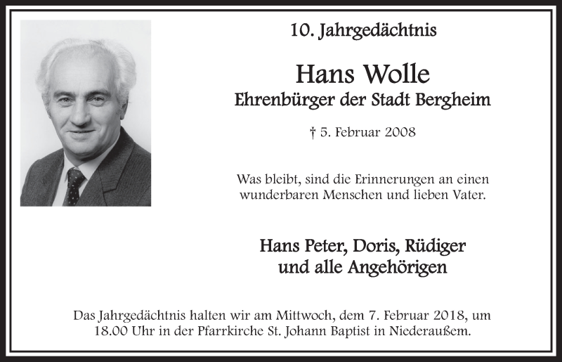  Traueranzeige für Hans Wolle vom 03.02.2018 aus  Sonntags-Post 