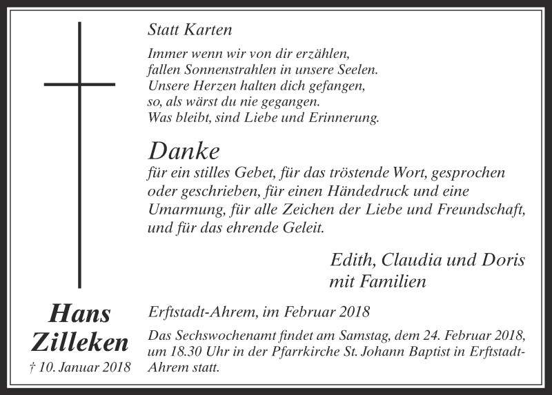  Traueranzeige für Hans Zilleken vom 14.02.2018 aus  Werbepost 