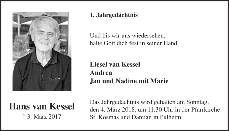  Traueranzeige für Hans van Kessel vom 24.02.2018 aus  Sonntags-Post 